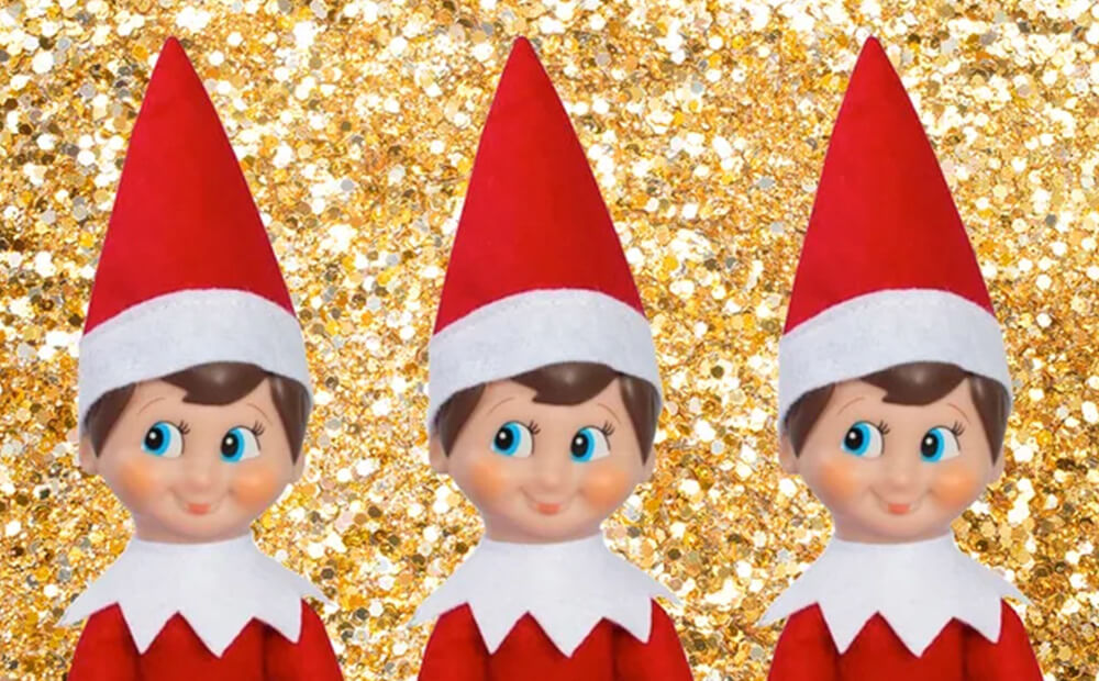 3 elves in a row with glitter background