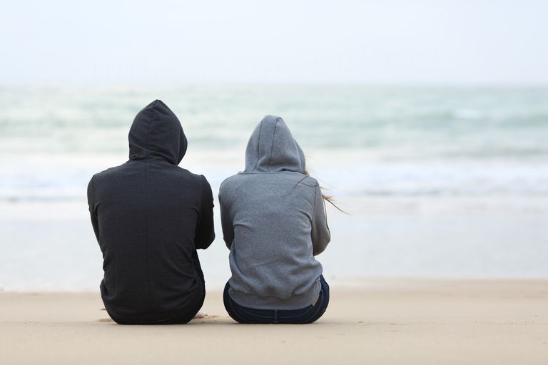 2 people wearing hoodies sat on the beach looking out to sea